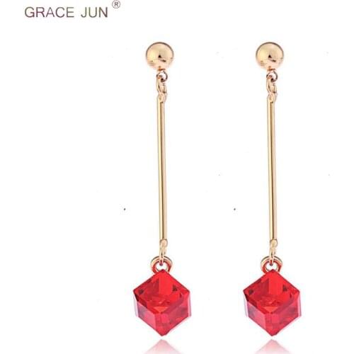 GRACE JUN Korea Style Long Clip on Earrings and Drop Pierced Earrings for Women Gorgeous Gold Color Crystal Earrings Not Allergy