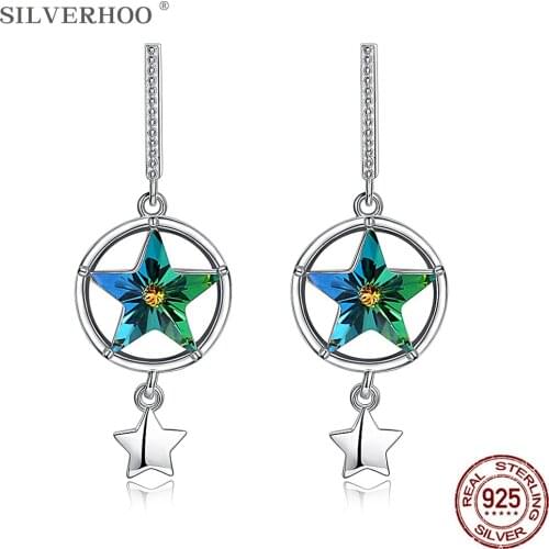 SILVERHOO Earrings For Women 925 Sterling Silver Green Star Austria Crystal Drop Earring Female Fine Party Jewelry New Arrival
