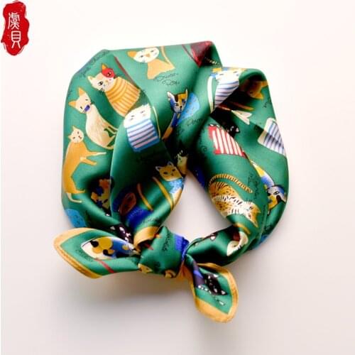 Dark green natural silk scarf cute cartoon cat dog painting real silk wrap 50X50cm square scarves cute lovely gift for children