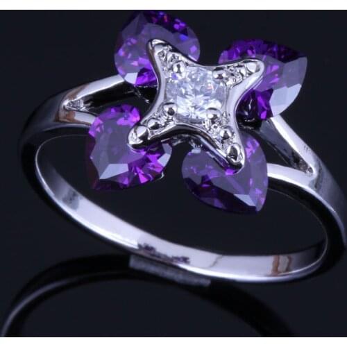 Silky Heart Shaped Purple Cubic Zirconia White CZ Silver Plated Ring V0423