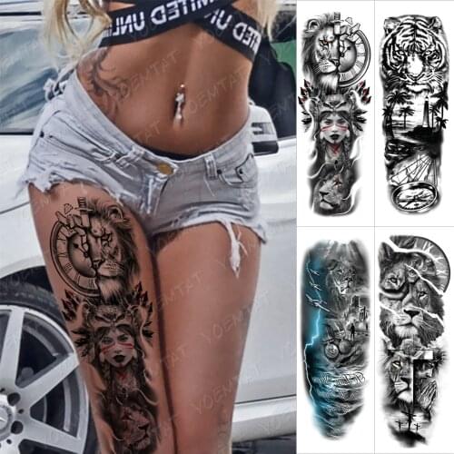 Large Arm Sleeve Tattoo Lion Indian Tribe Waterproof Temporary Tatto Sticker Clock Rose Body Art Full Fake Tatoo Women Men
