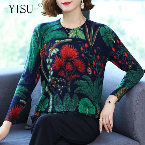 YISU 2021 Spring Autumn Woman clothing Women Wool Sweater O-Neck Knitted pullove tops Female Casual Leaves Printing Jumper