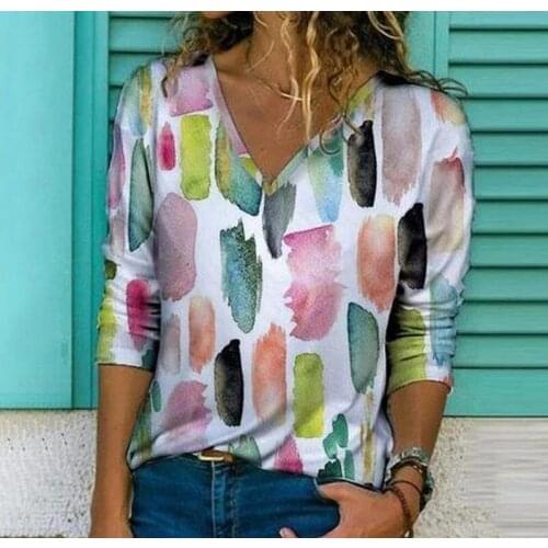 2021 Spring Diamond Color Print Blouse Shirt Women Elegant V-Neck Long Sleeve Top Autumn Casual Loose Plus Size Streetwear Blusa