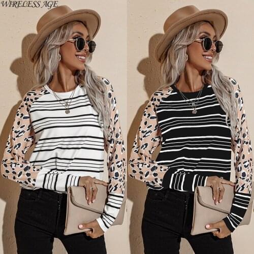 WIRELESS AGE Sweater Women Long Sleeve Round Neck Striped Splicing Loose Casual Striped Womens Tops Spring Autumn Fashion Wild