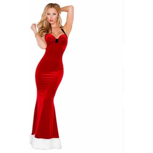 Women Red Velvet Sexy Christmas Santa Claus Costume Christmas Party Sexy Long Dress Cosplay Costume