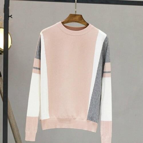 2020 Autumn Winter Contrast Color Pullover Sweater Women Loose Long Sleeve O-Neck Knit Jumper Female Pink Knitwear Clothes M284
