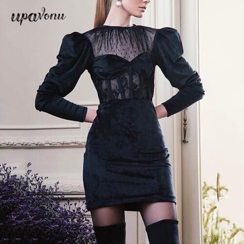 Free Shipping 2021 Spring New Womens Lace Velvet Dress Sexy O-neck Long Sleeve Bodycon Dress Club Night Party Mini Vestidos