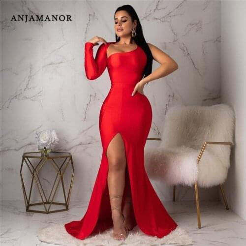 ANJAMANOR Sexy Party Dresses for Women Solid One Shoulder Backless Long Sleeve High Split Maxi Dress Black Red Blue D53-CC32
