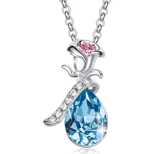 Women Gold Necklace Pendant Embellished with crystals Pink Blue Sexy Flower Set Elegant Statement