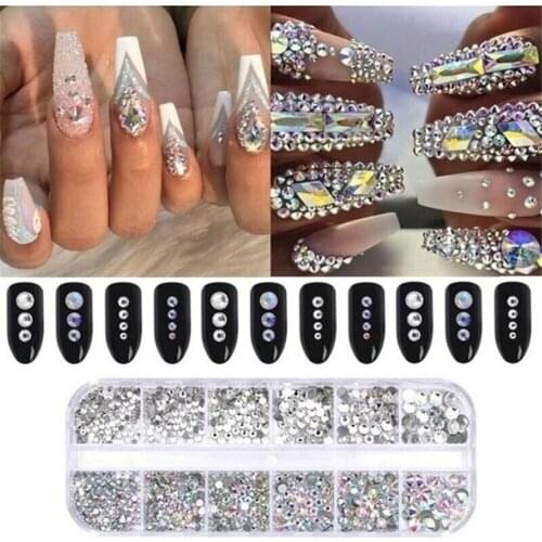 12 Grids Colorful Crystal Nail Art Rhinestones Acrylic Nail Stones Beads Studs Flat Back Shiny Tips 3D Nails Art Decorations