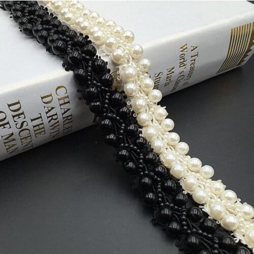 2Yard White/Black Pearl Beaded Lace Trim Ribbon For Sewing Apparel Sewing DIY Bridal wedding Dress Doll Cap Hair clip