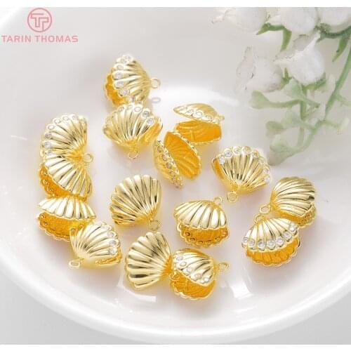 4PCS 13x12MM Hole 1MM 24K Gold Color Brass and Zircon Shell Charms Pendants High Quality Jewelry Making Supplies Diy Accessories