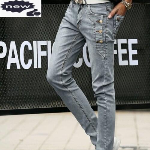 Fashion Mens Pencil Autumn New Skinny Buttons Slim Fit Denim Pants Casual Long Trousers Cowboy Jeans Men Streetwear