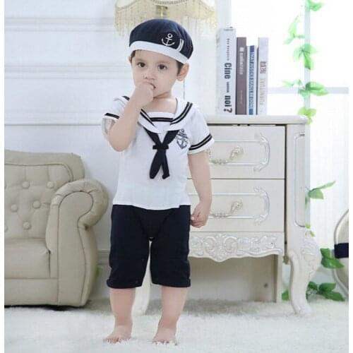 2PCS Toddler Boy Jumpsuits 0M-24m Newborn Baby Boy Sailor Playsuit Outfit Set Romper Clothes+Hat