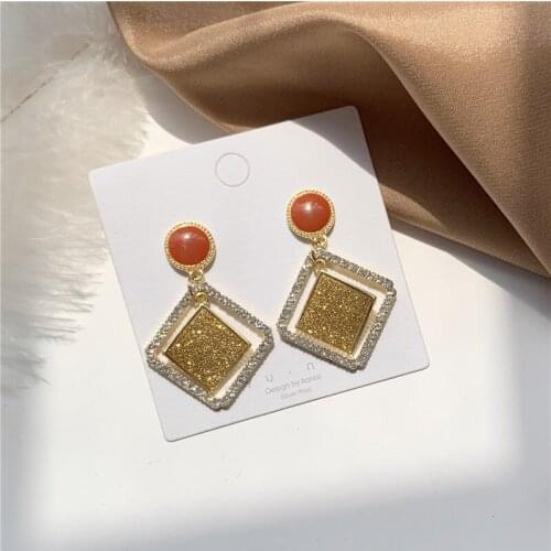 Korean Vintage Baroque Hollow Frosted Metal Square Rhinestone Inlaid Stitching Drop Pendent Earrings for Women Girls Ear Jewelry