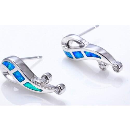 Minimalist Female Blue Fire Opal Earrings Boho Small Silver Color Leaf Stud Earrings Vintage Infinity Wedding Earrings For Women