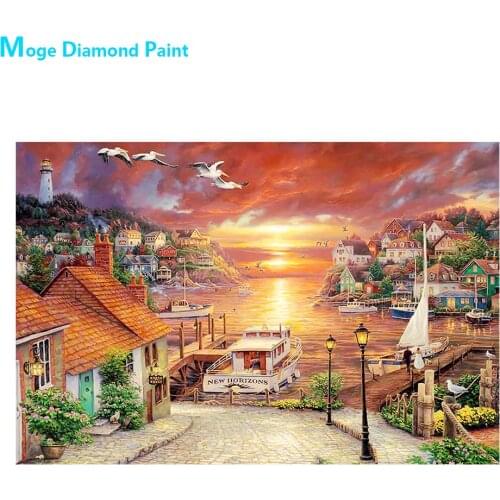 Morning Glow City House Ship Port Diamond Painting Oil Scenic Round Full Drill Nouveaute DIY Mosaic Embroidery 5D Cross Stitch