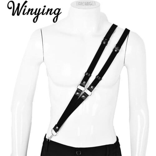 Mens Black Imitation Leather Double Straps Single-Shoulder Braces Adjustable Harness Belt Men Suspender Punk Gothic Accessories