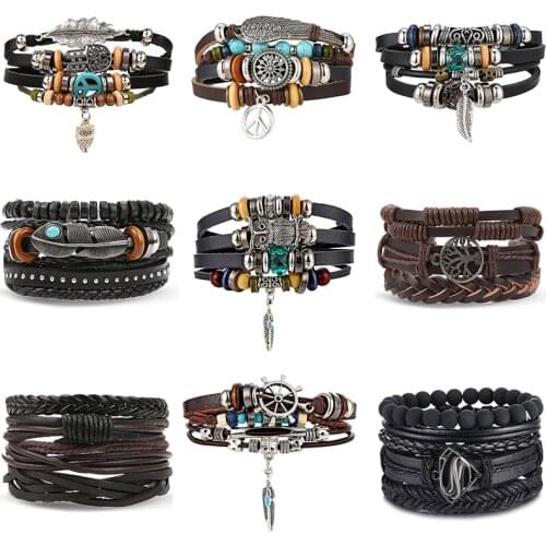 Boho Men Bracelet Gift Vintage Multiple Layers Leather Bracelet Rope Chain Wrap Bracelet Set Charms Owl Bangles For Men Jewelry