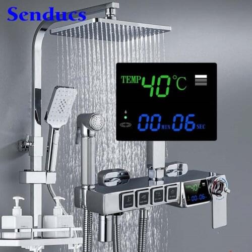 Thermostatic Shower Set Polished Chrome Bathroom Shower System Brass Bathtub Mixer Faucet Rainfall Digital Shower Mixer Set