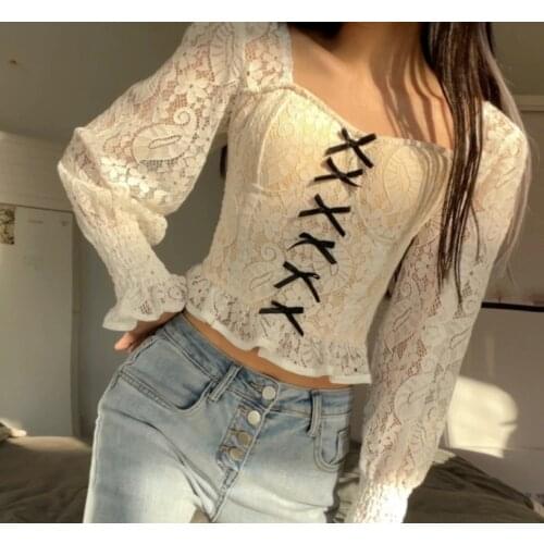 New Womens Spring Square Neck Clavicle Slim Short Puff sleeve Lace lacing Fungus T-shirt