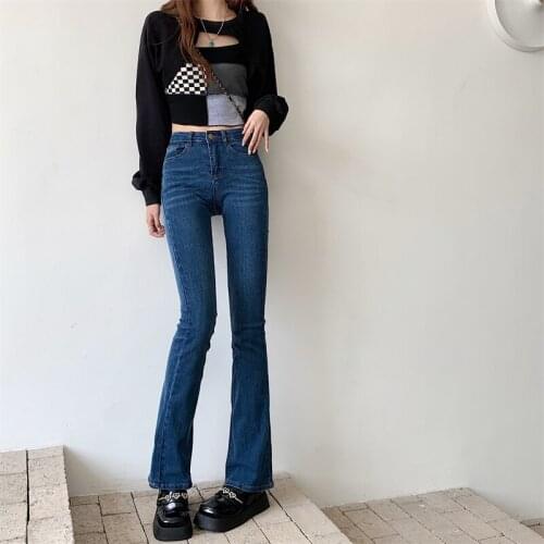 The new Chinese womens trousers are simple, versatile, high-waisted, slim and elastic casual denim bell bottoms