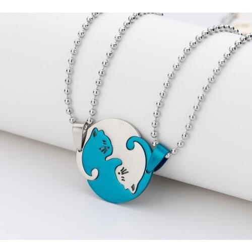 1 Set Couple Charm Cat Pendant Necklace Women Men Stainless Steel Girl Gift Jewelry Set Blue Gold Black Cololr Wholesale Supply