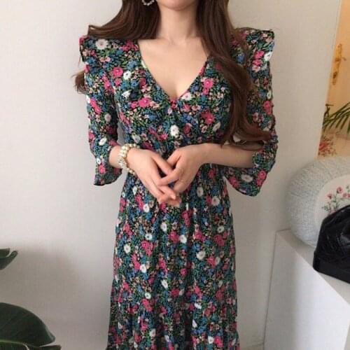 Vintage Korean WomenS Dress Floral Chiffon Dress New 2021 Sundress Elegant V-Neck Flared Sleeves Ruffled High Waist Long Dress