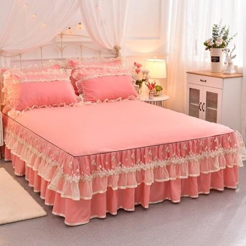 Princess Bedspread Bed sheet 1/3pcs Romantic Lace Bedding Bed Skirt Pillowcases Girls Wedding Bedclothes bed linen Home Textile