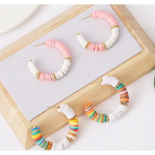 Simple Bohemian Multicolor Polymer Clay Dangle Earrings For Women Fashion Boho C Shape Beaded Drop Earring Beach Style Jewelry