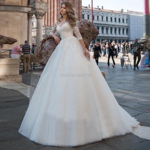 Vestido De Noiva Chic Lace Appliques Half Sleeves Wedding Dresses 2020 Sexy Illusion V Neck Lace Up Ball Gown Bridal Dress