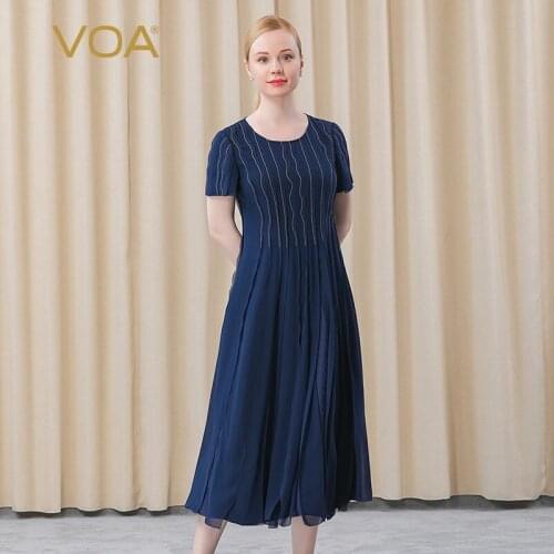 VOA Silk Dark Jacquard Round Neck Open Thread Decoration Multi-piece Silk Splicing Short Sleeve Medium and Long Dress AE672