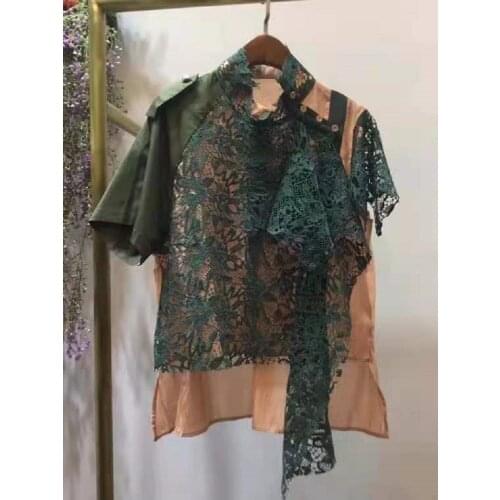 High Quality Blouses 2021 Summer Fashion White Green Tops Women Crochet Lace Embroidery Patchwork Short Sleeve Tops Vintage