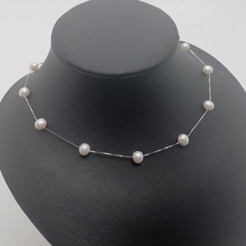 Fashionable Simple Wild Natural Freshwater 6-7MM Pearl Necklace White Handmade Clavicle Chain Tibetan Silver Chain