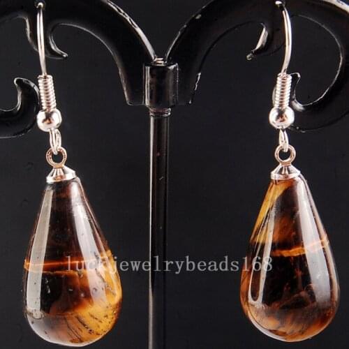 Free Shipping Women Fashion Jewelry 13x25mm Fashion Tigers Eye Water Drop Beads Dangle Earring Pair C4132