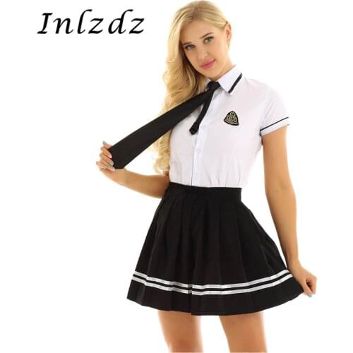 Womens Girls School Uniform Suit Short Sleeve T-shirt Top School Skirts with Badge and Tie Set High School Cosplay Clothing