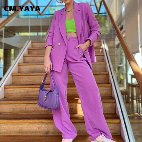 CM.YAYA Women Pants Suits Solid Full Sleeve Single Button Tops Pockets Loose Pants Two 2 Piece Sets Office Lady Outfit Fall 2021