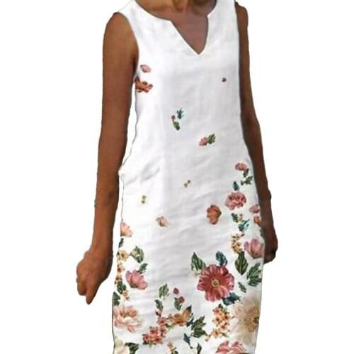Summer Women Dress V Neck Floral Print Sleeveless Loose Knee-length Dress for Work Loose Dress Plus Size Beach Dresses Vestidos