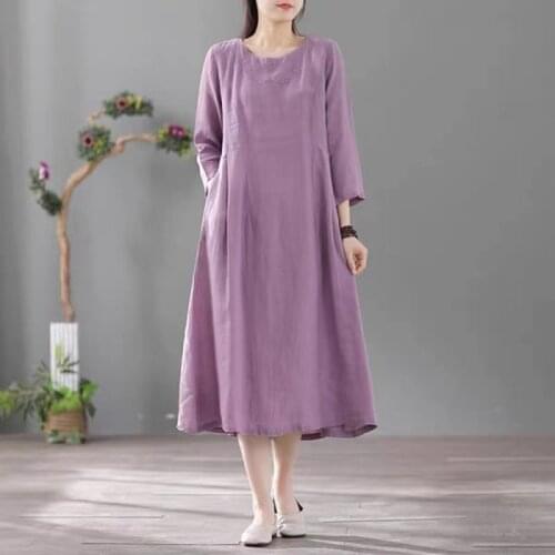 Vintage Dress 2021 New Arrival Solid Color Spring Summer Dress Cotton Linen Embroidery Holiday Travel Casual Women Midi Dress
