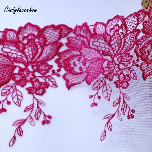 1meter 19cm Wide White Mesh Red flowers embroidered lace trims Lingerie bra Dress Sleeve decoration DIY embroidery Lace Fabrics