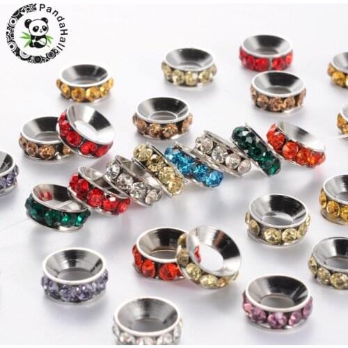 10mm Brass Rhinestone Spacer Beads Rondelle Mixed Nickel Color about 10mm in diameter, 4mm thick, hole: 5mm