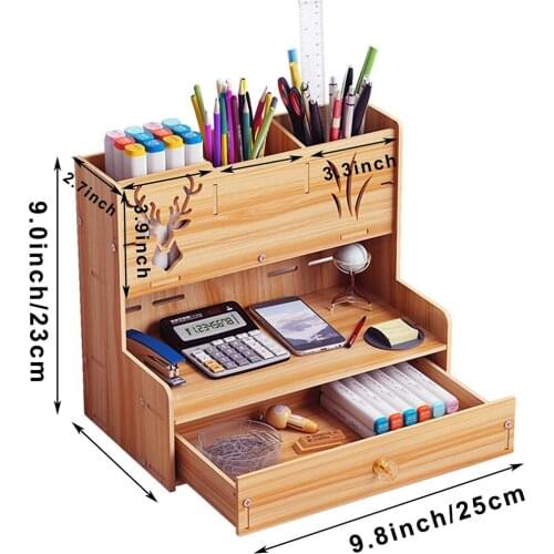 Wooden Desk Organizer, Multi-Functional DIY Pen Holder Box, Desktop Stationary, Easy Assembly, Home Office Supply Storage Rack