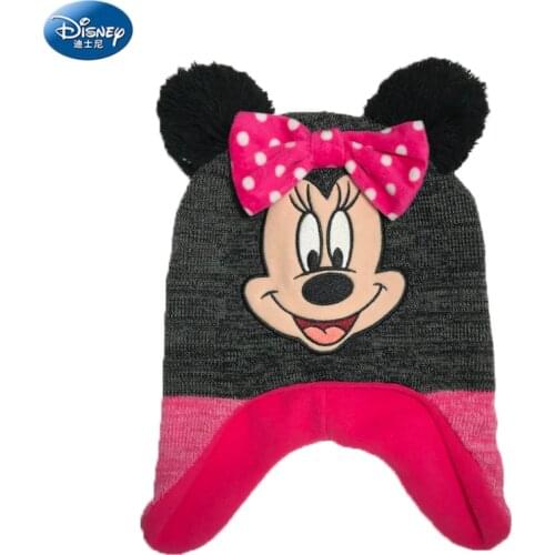 Disney Winter Hats for Kid Knit Fashion Cartoon Baby Girls Hat 2018 Children Bow Fur Pom Pom Hats for Girls Childrens Hat ZT106