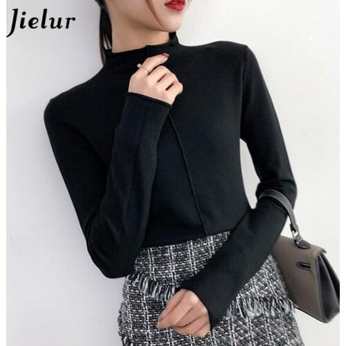 Jielur Pullover Sweater Women Basic knitted Long Sleeve Korean Turtleneck Winter Autumn Thin Tops Jumper Slim-fit Tight Sweater