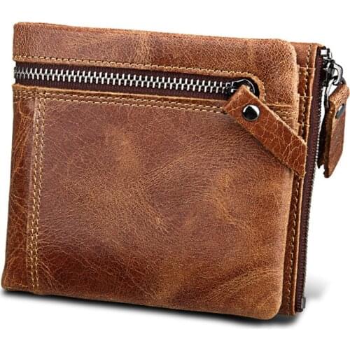 Quality Genuine Leather Mens Wallet Vintage Men Wallets Crazy Horse Leather Cash Organizer Zipper Coin Purse RFID Crad Holder