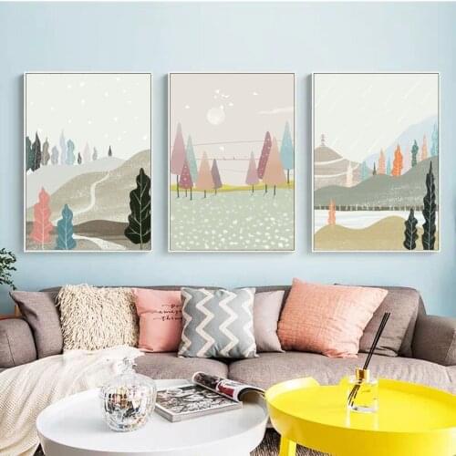 Canvas Painting Print Nordic Wall Art Picture Home Decor Fresh Natural Landscape River Village Cartoon Illustration Poster