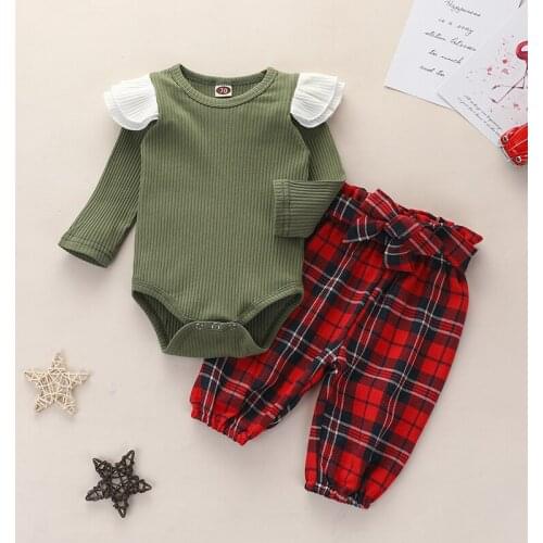 2020 girls hit color pit strip flying sleeve romper plaid lace-up trousers two-piece explosion-proof childrens suit