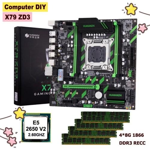 HUANANZHI X79-ZD3 LGA2011 motherboard bundle on sale dual M.2 SSD slots NVMe/NGFF CPU Xeon E5 2650 V2 RAM 32G(4*8G) 1866 REG ECC