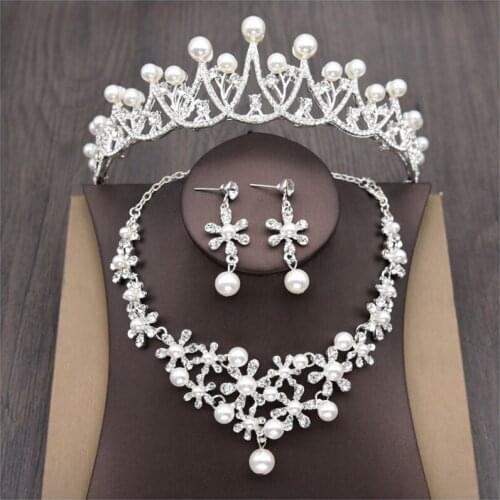 Princess Pearl Crown Necklace Set for Bride Jewelry Sets Rhinestone 3pcs/set Wedding Pearl Jewelry set Bridal Crown Tiara Set