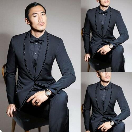 2-piece Handsome Black Suits Mens Suit Rhinestone Groom Suit Wedding Suits For Best Men Slim Fit Groom Tuxedos For Man